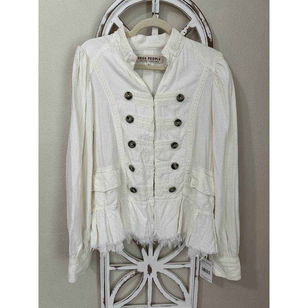 New Free People MEDIUM Ariana Jacket Ivory Military Puff Sleeve Fairy Western